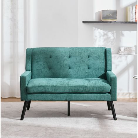 Panca 2 posti in lino, gambe in legno, verde retrò HAVRYA (1/5)