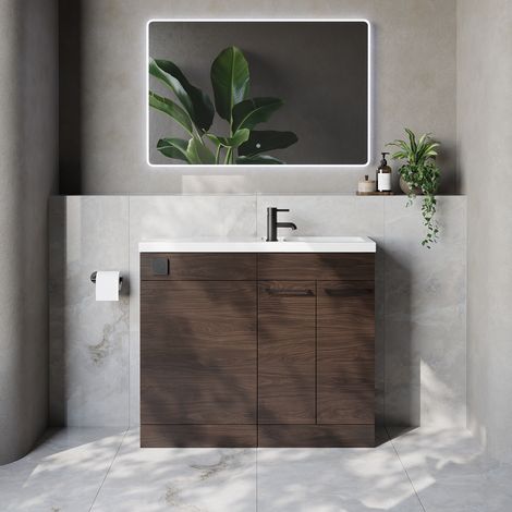 Napoli 250 Brown Oak 1000mm 2 Door Vanity Unit Toilet Suite with Square Silvo Basin - 1000mm - Matt Black 160mm HandleWithout Kingston Toilet Pan