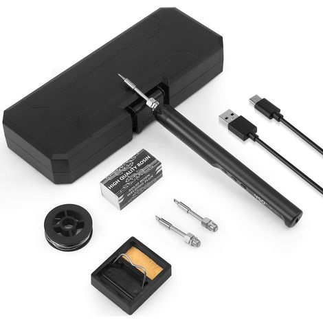 Kit de fer à souder sans fil USB rechargeable, écran LCD, température réglable 200-450°C, 3 pannes + fil + pâte à souder (1/5)