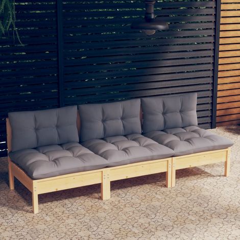 3-Sitzer-Gartensofa mit Grauen Kissen Massivholz Kiefer vidaXL (1/5)