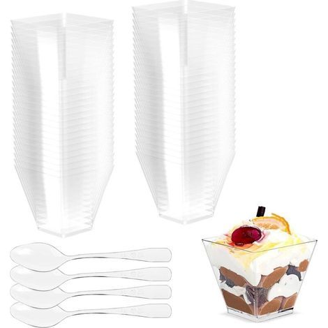 Lot de 50 tasses à dessert 60 ml avec 50 cuillères – Plastique transparent réutilisable – Pour mousse, gelée, tiramisu et buffets (1/5)
