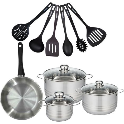 Set de 1 poêle 24 cm en inox, 3 faitouts 16, 20 et 24 cm et 6 ustensiles RPET Fackelmann Geneva (1/5)