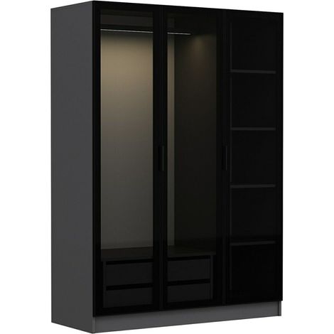 Dressing 3 portes Verre fumé Noir Antipaxos L135xH210cm 1 tringle et 2 tiroirs Anthracite (1/5)