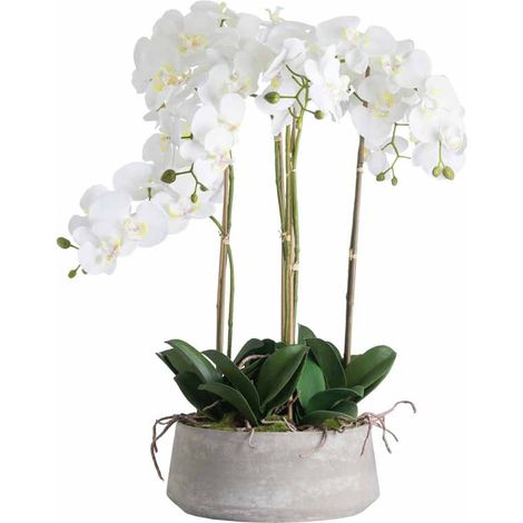 Large Orchid in Stone Pot Artificial Flower - Plastic - L50 x W50 x H90 cm - White