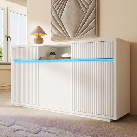 Buffet de rangement en bois blanc 140 x 40 x 85 cm avec 2 tiroirs, 3 portes, étagères réglables et LED (1/5)