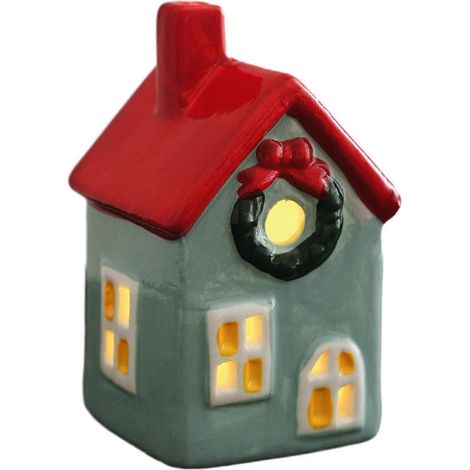 DChristmas Ceramic House Figurine with Glowing Window and Chimneys Holiday Decor (1/4)