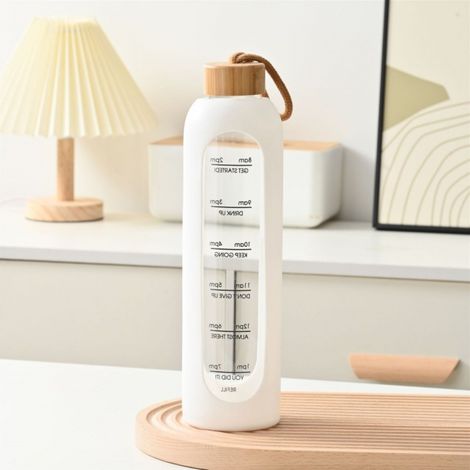 Bouteille d'eau de sport en verre (blanche) de 32 oz (1 litre) avec graduations horaires et bouchon en bambou. (1/4)