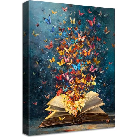 Cadre en Bois Impression sur Toile Livre Papillon Coloré Fleur Tableau Affiche Decoration Murale Image sur Toile Bibliothèque Esthétique Tableau Decoration Murale Salon Salle de Lecture 30x40cm (1/5)