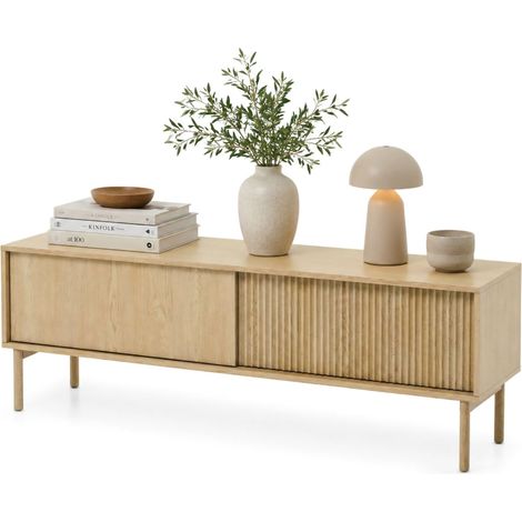 Fernsehschrank Kami, 2 Regalböden, 2 Türen, Tür mit Rillenstruktur, 154x40x52h cm, Braun Eiche