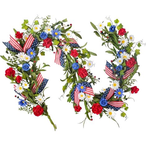 Guirlande Artificielle - Rouge Blanc Bleu - Avec Fleurs, Baies Et Nœud En Forme De Drapeau - Pour Décoration Murale Ou Table - Intérieur Extérieur - 1 Pièce (1/5)