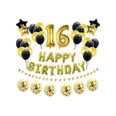 Kit de ballons « Joyeux anniversaire » : décorations de fête d'anniversaire, ballons en latex dorés, noirs et or avec confettis, pour la décoration intérieure et les fêtes (16).