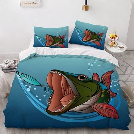 Housse de Couette 140x200 Enfant Poisson De Dessin Animé Parure de Lit 1 Personne Microfibre Housse de Couette Dauphin Bleu 3D Imprimé Literie Set 3 Pièces avec Fermeture Éclair - 140x200+2x50x75 (1/5)