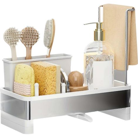 Schwammhalter aus Edelstahl mit Abtropffläche – Multifunktionale Aufbewahrungsbox für Reinigungsmittel, Handtücher und Bürsten (weiß) (1/5)