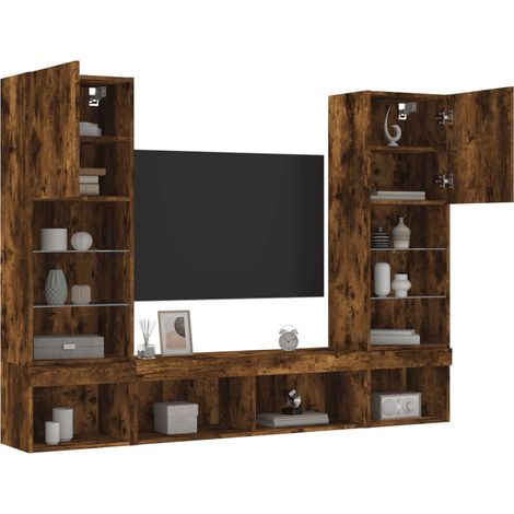 vidaXL Mobili TV a Muro con LED 5pz Rovere Fumo in Legno Multistrato (1/5)