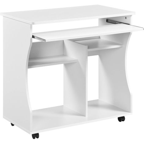 Bureau Informatique Blanc pour Ordinateur à roulettes avec Grand Support Clavier Coulissant/4 étagères en Bois pour Travailler, 80,1 x 48,1 x 76,2 cm, Moderne (1/5)