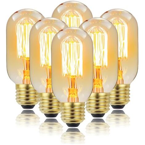 Vintage Edison T45 Glühbirnen, E27-Sockel, dimmbar, 40 W, 6er-Pack, Glühlampe, gerader Glühfaden, Bernsteinglas, warmes Gelb 2200 K, für dekorative Wohnraumbeleuchtung