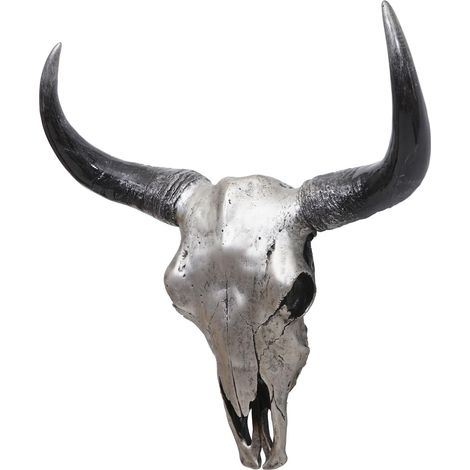 [NEUWERTIG] Deko Schädel 45cm HHG-0154, Polyresin Stier Bulle Longhorn Kopf Trophäe, In-/Outdoor silberfarben