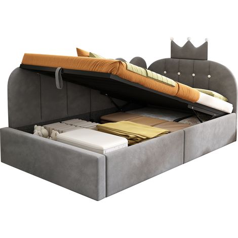 Divano letto singolo 90x190 cm in velluto grigio, con contenitore idraulico, design corona e griglia, senza materasso CHICFURN (1/5)
