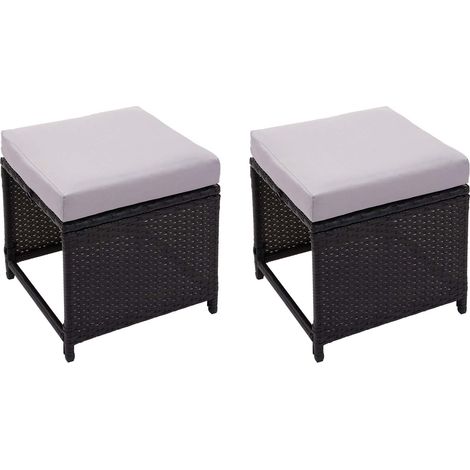 Coppia sgabelli poggiapiedi pouf da esterno giardino HHG-874 polyrattan nero cuscino grigio chiaro (1/5)