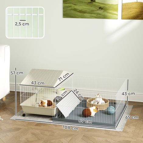 Cage cochon d'inde cage pour petits animaux avec parc amovible tapis imperméable mangeoire à foin 108 x 71 x 57 cm beige (1/5)
