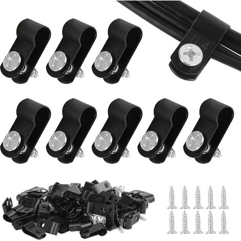Lot de 100 serre-câbles en R noirs de 1,25 cm - En nylon - À visser - Avec 100 vis - Clips de câble à visser pour câble, tuyau (6,4 mm) (1/5)