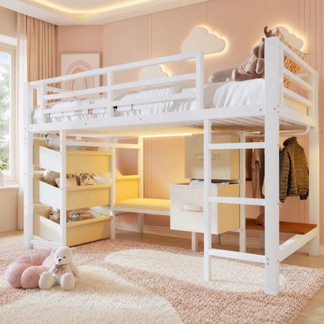 Lit mezzanine 90x200 cm en métal blanc avec coussin, LED multicolore et rangement, sans matelas (1/5)