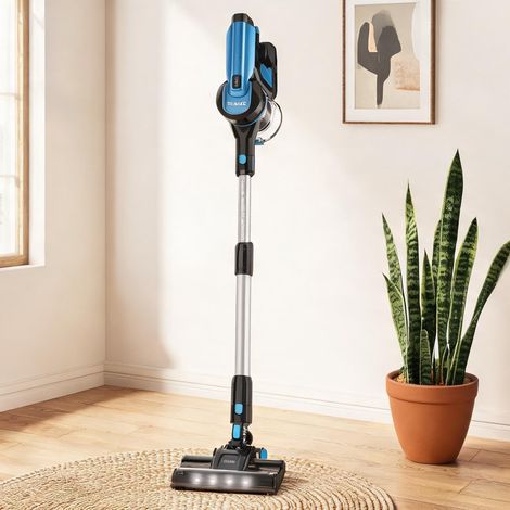 Aspirateur balai sans fil noir et bleu à écran LED et brosse (1/5)