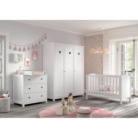 Pack - Lit Bébé, Armoire & Commode "Amori II" 60x120cm Blanc (1/5)