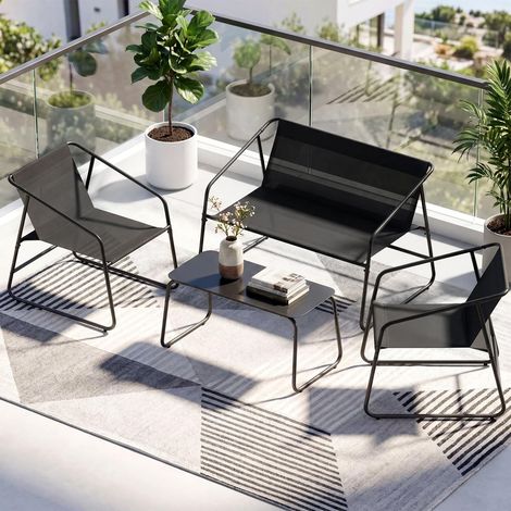 Salon de Jardin Extérieur 4 Pièces en Textilène, Ensemble Mobilier avec Pieds Réglables, Résistant aux Intempéries, Table Basse en Verre, pour Terrasse Jardin et Extérieurs, Noir (1/5)