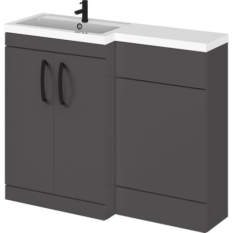 Balterley Left-Hand Bathroom Vanity and WC Unit Combination with Basin - 1100mm - Gloss Grey with Black Handles