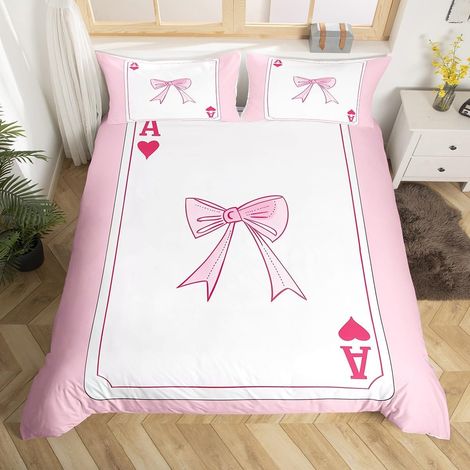 Housse de Couette 140x200 As de Cœur Tendance pour Enfant Fille, Parure de Lit Carte D'As Preppy, Sets de Housses de Couettes Mignon Nœud Rose, Couvre Lit Nœud Papillon Aquarelle Kawaii - 140x200cm + (1/5)