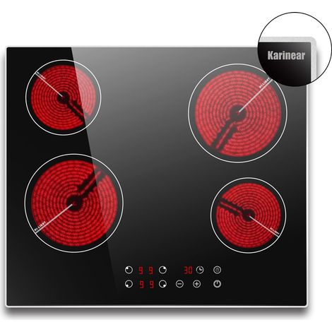 Karinear - Plaque Vitrocéramique 4 Feux avec Cadre, Ceramique 60 cm, Table électrique 4 Foyers Encastrable avec Protection de Cadre Métallique Sécurité Enfant, Minuterie, 220-240V, 6000W, sans prise (1/5)