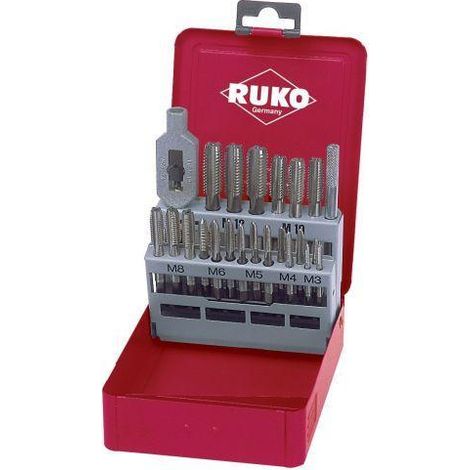 RUKO 245002 - Juego machos de roscar manual + 1 giramachos de mano (22 piezas)