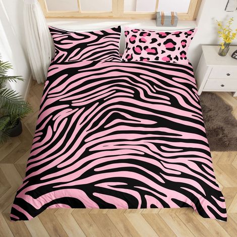 Housse de couette léopard doux impression rayures zèbre ensemble housse de couette 200 x 200 cm fourrure animal sauvage housse de couette rose noir zoo animal texture décoration chambre (1/5)