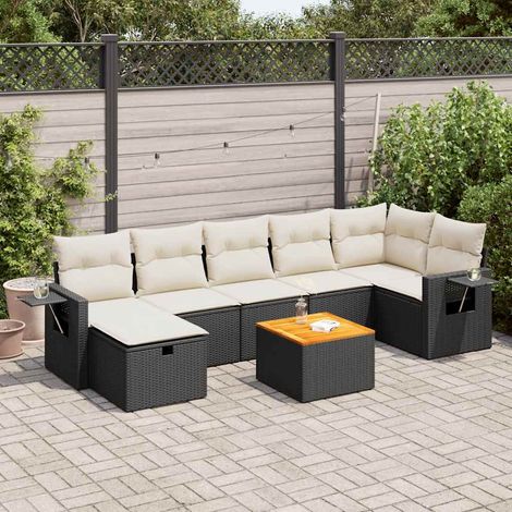 Ensemble de Jardin 8 Places en Résine Tressée Noire avec Coussins Crème - Salon d'Extérieur Modulaire avec Table Acacia et Espace de Rangement (1/5)