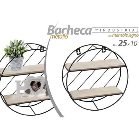 Kaela - Bacheca In Metallo Rotonda Da Parete Con Mensole In Legno 25 X 10 Cm Nero 832161 - (1/2)