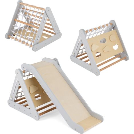 Arrampicata in legno per bambini 4-in-1 con scivolo, Arrampicata a triangolo per interni con rete Grigio (1/4)