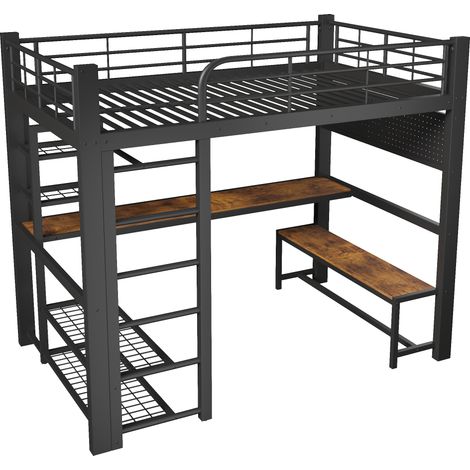 Cama alta 140 x 200 cm de metal negro con escritorio, estantes, barra y tira LED (1/5)