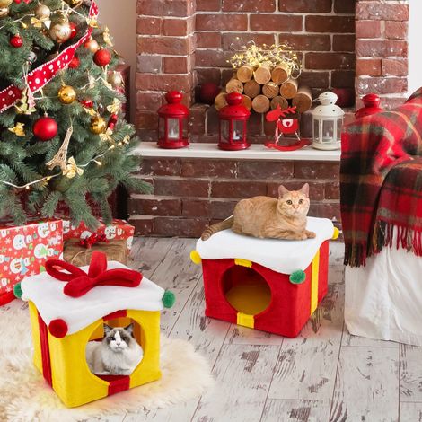 Maison de Noël pour Chat à 2 Etages 2 Condos Empilables en Forme de Paquets Cadeaux avec Nœud en Tissu Peluche et Bois d'Ingénierie (1/3)