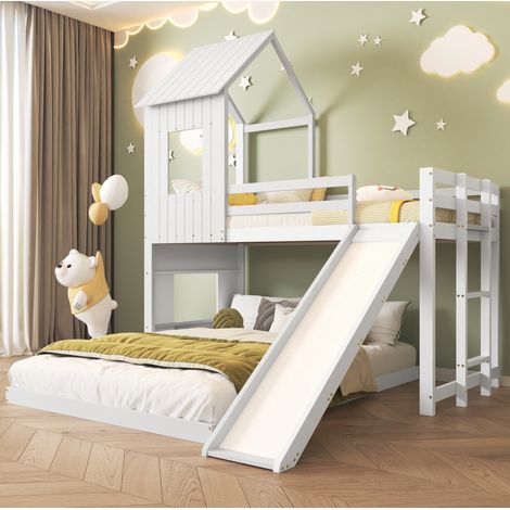 Letto a castello per bambini con scivolo, tetto e finestra, bianco, 90x200/140x200 cm- FLORAGRACE (1/5)