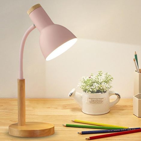 Lampe de bureau enfant, lampe de lecture LED avec douille E27, bras articulé, lampe de chevet en métal et bois, lampe de bureau style nordique pour chambre, salon, bureau (Rose) (1/5)