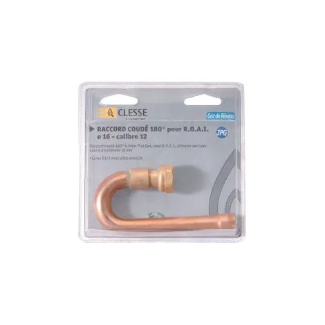 raccord coudé 180 degrés 2 pièces - rc-cu-jpg-180-c à joint plat gaz à braser sur tube cuivre d16 calibre 12 pour roai