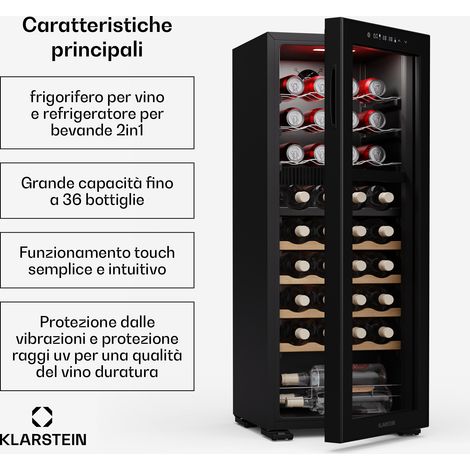 Klarstein Bovella 36 Duo+ - Frigorifero per vini  2 in 1  36 bottiglie  2 zone  7 ripiani  Touch
