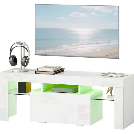 Meuble TV avec éclairage LED RGB, finition laquée brillante, étagères en verre trempé, 120 x 34 x 45 cm, blanc