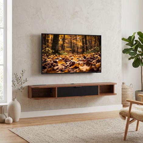 Meuble TV Suspendu, Meuble Télé pour Téléviseur jusqu'à 50 Pouces, Tiroir Rabattable, 2 Étagères, 120x24x16cm, Noyer (1/5)