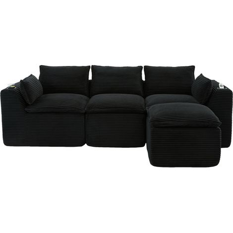 CHICFURN Sofá modular de 3 plazas 256x161 cm terciopelo negro con puf y almacenaje lateral (1/5)
