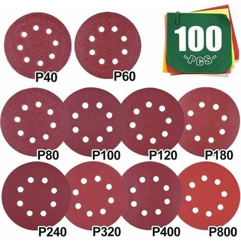 Papier de verre 100, Disque Abrasif 125mm Assorti 40 60 80 100 120 180 240 320 400 800 grain, disques ponçage papier abrasifs ponceuse orbitale pour bois métal verre voiture polissage fin (1/5)