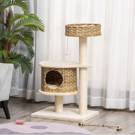 Árbol para gatos de ratán con caseta y pelota colgante, 55 x 47 x 95 cm, natural y beige DESVIAE (1/5)