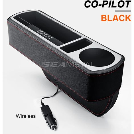 (Noir sans fil R) Organisateur de siège auto avec chargement USB/sans fil, boîte de rangement pour accessoires de voiture, rangement pour fentes et autres accessoires. (1/5)