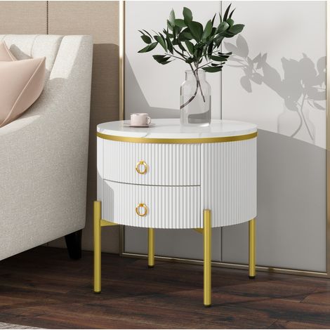 Table d’appoint 50x50x51 cm blanc en MDF effet marbre avec tiroirs et pieds réglables dorés (1/5)